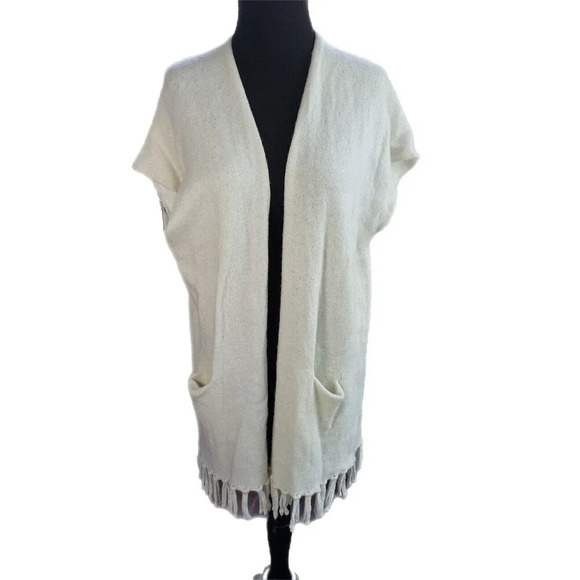 Lilly Pulitzer Cream Sleeveless Cardigan Merino Wool Cashmere Fringe Pockets XXS - Picture 1 of 5